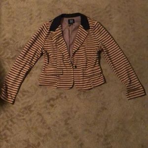 Tan black striped blazer with black collar
